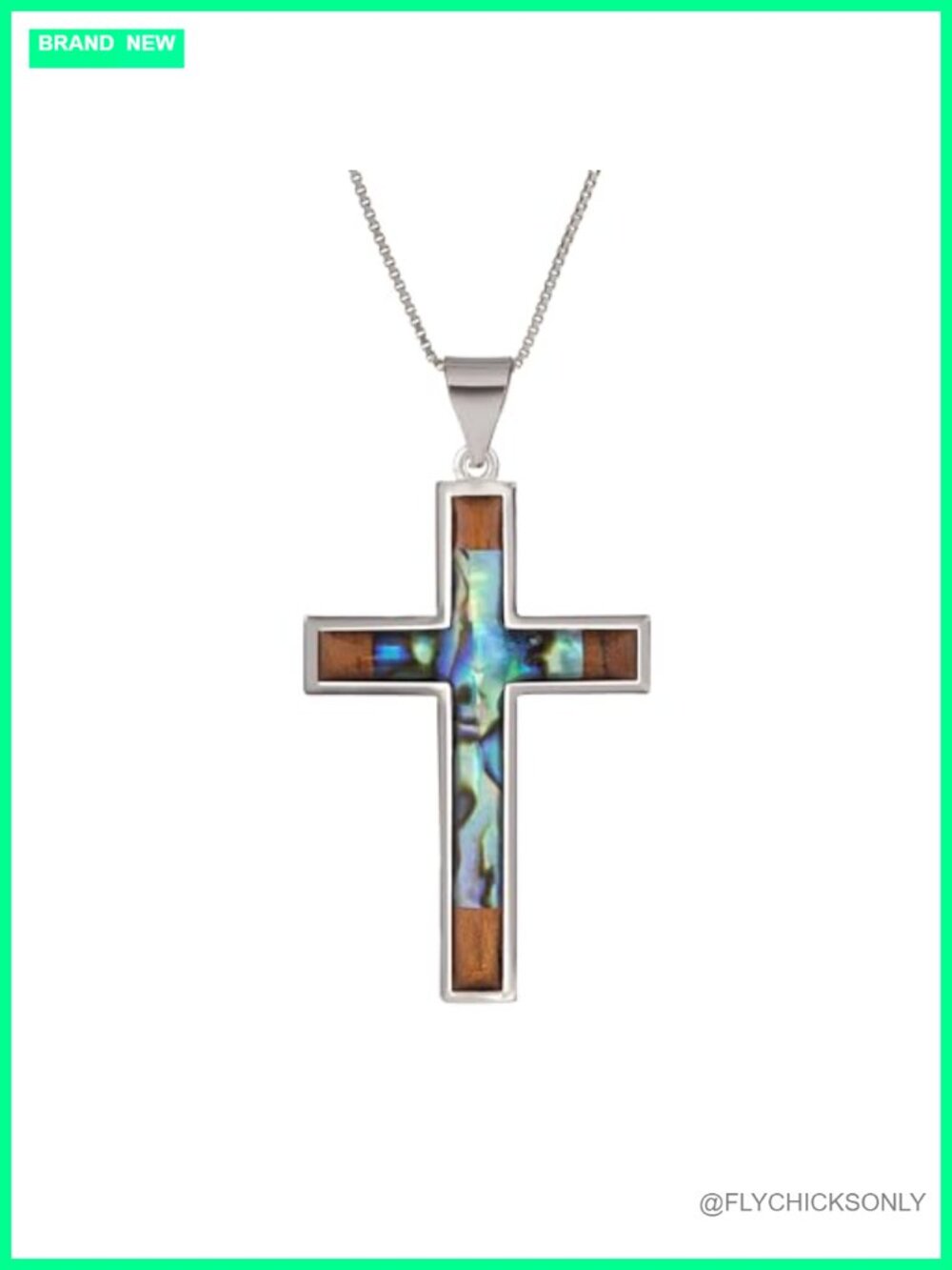 Sterling Silver Koa Wood Abalone Shell Inlay Cross Necklace 18" Box Chain